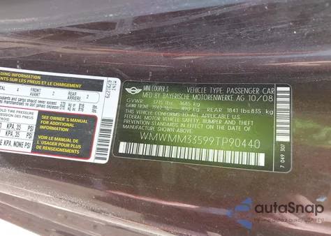 2009 Mini Cooper S Clubman z USA, uszkodzony, nr VIN WMWMM33599TP90440